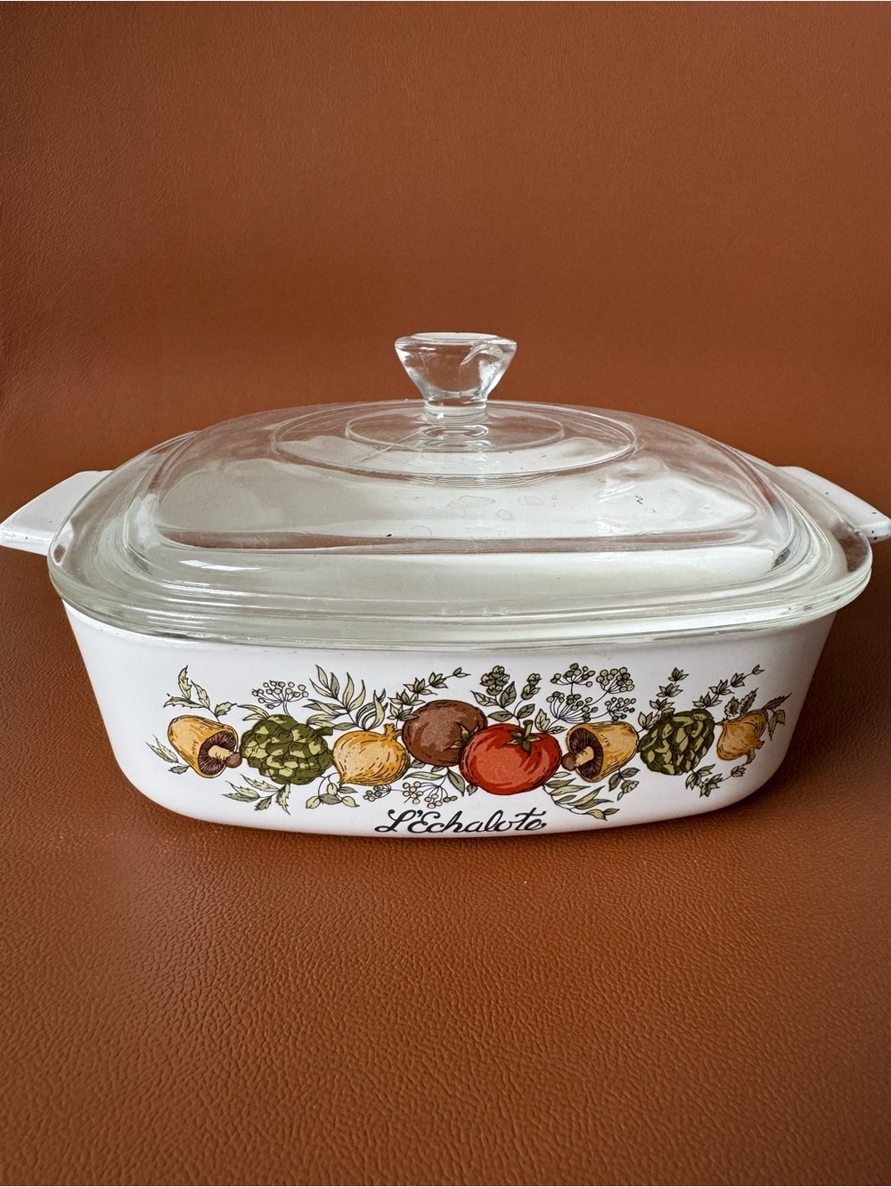 Corningware White Casserole Dish with Vegetable Motif and Glass Lid